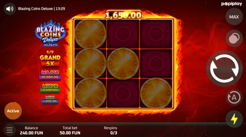 Blazing Coins Deluxe uudelleenpyöräytys pelinäyttö