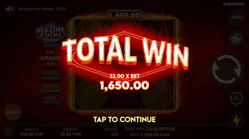 Blazing Coins Deluxe uudelleenpyöräytys kokonaisvoitto